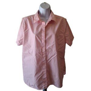 Lands' End Supima Striped Short Sleeve Shirt Women's Size 14 Red White  No Iron
